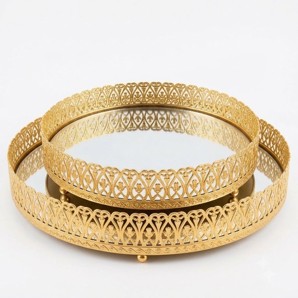 SET 2 PLATEAUX DECO MIRROIR 30 CM + 35 CM MODELE OR
