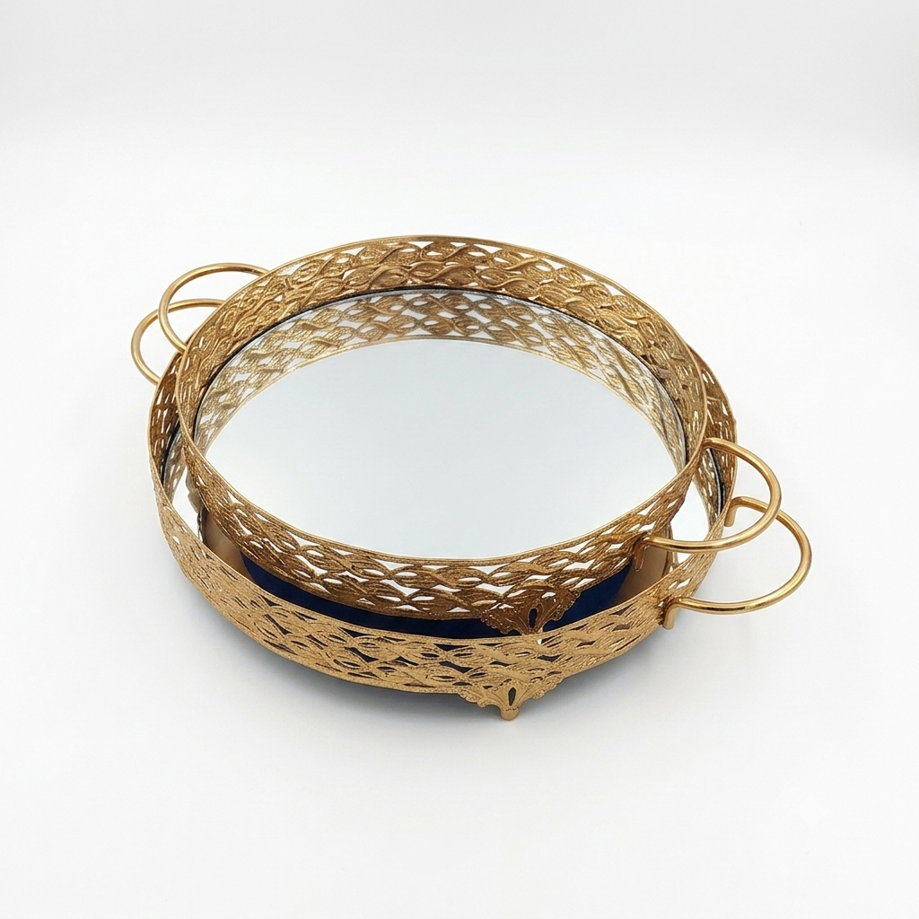 SET 2 PLATEAUX DECO METAL 30 &amp; 35 CM MODELE OR
