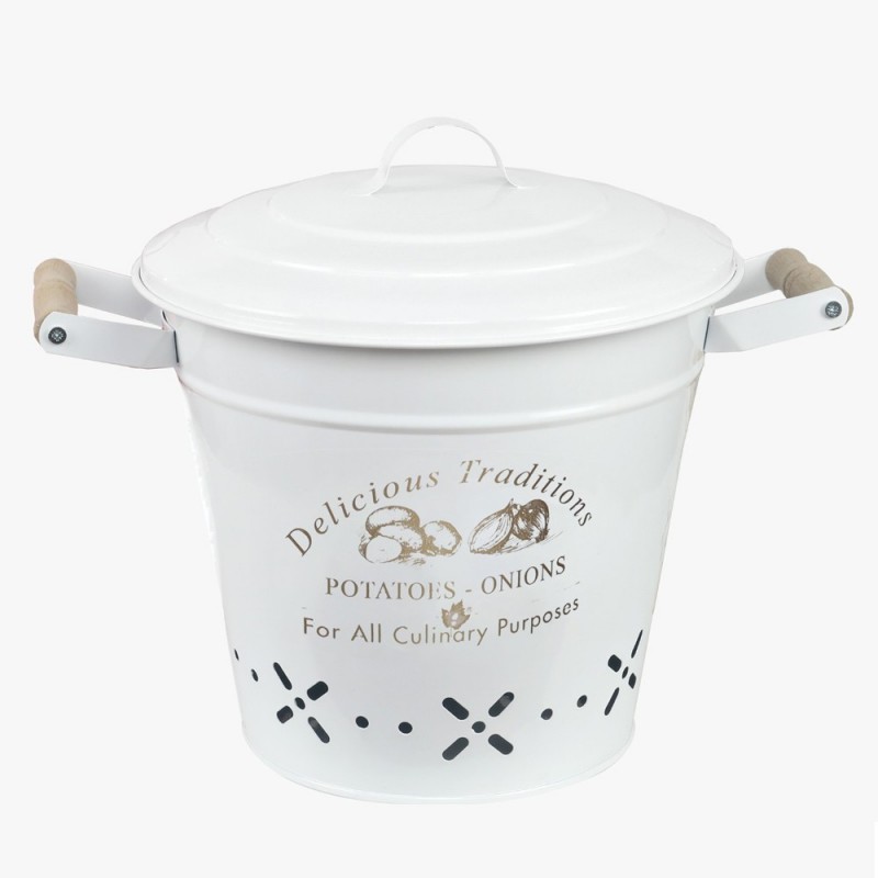 RANGEMENT METAL LEGUMES AVEC POIGNEE EN BOIS 8 LITRES (BLANC)