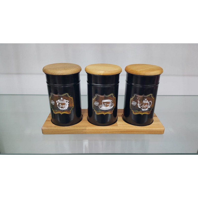 SET 3 BOITES EPICES METAL/ BOIS 0.5 LITRE