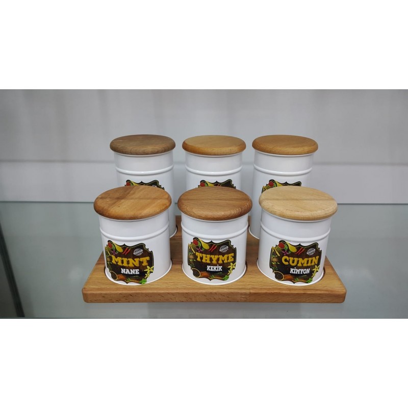 SET 6 BOITES EPICES METAL/ BOIS 3X500 CC +3X300 CC