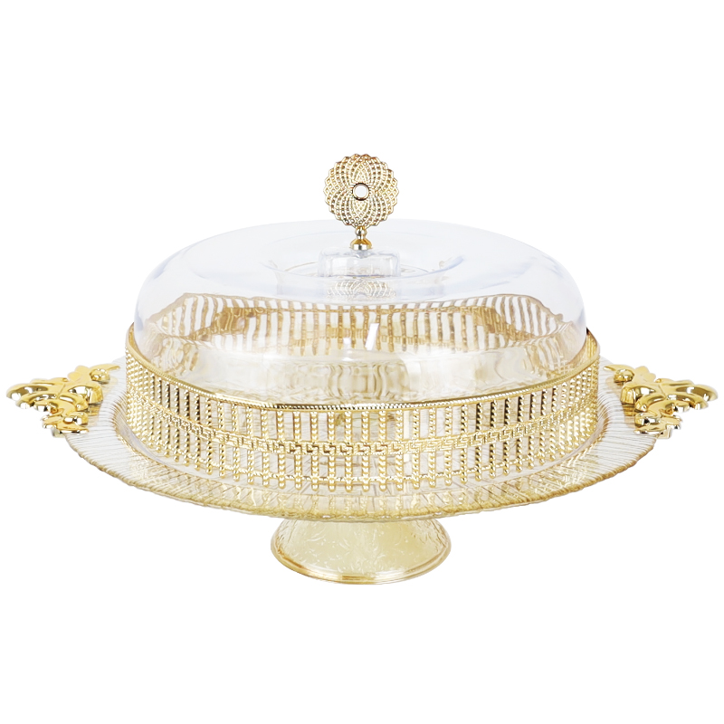 BOITE A GATEAU VERRE COUVERCLE PLASTIQUE AVEC PIED ARGENT-OR 33CM