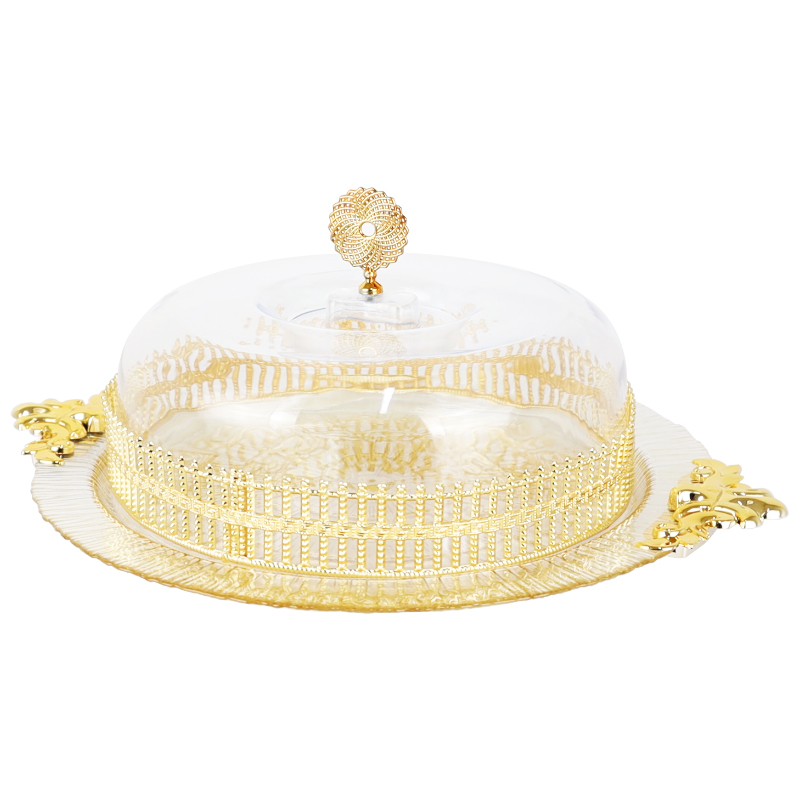 BOITE A GATEAU VERRE COUVERCLE PLASTIQUE ARGENT-OR 33CM