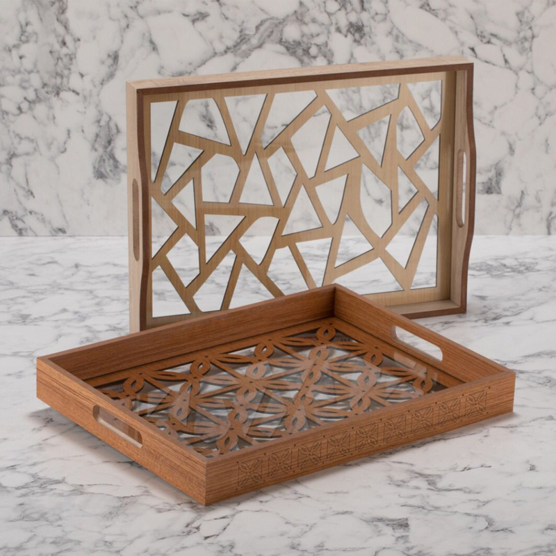 PLATEAU DESIGN EN VERRE &amp; BOIS 40X40 CM
