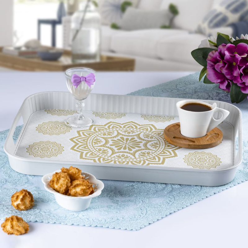 PLATEAU DECO BLANC AVEC DESIGN COLORES 38 X 28 CM