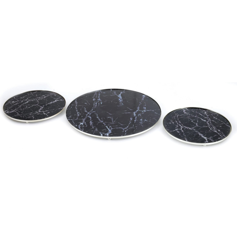 SET 3 PLATEAUX DECO (2X20CM 1X30CM) DESIGN MARBRE ARGENT