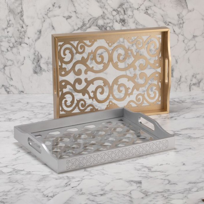 PLATEAU DESIGN EN VERRE &amp; BOIS 30X40CM MIX OR/ARGENT