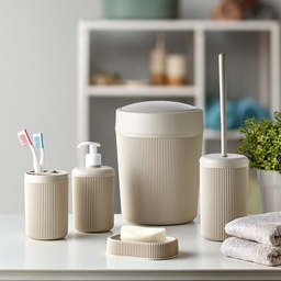 [VC-150] SET 5 PIECES SALLE DE BAIN POUBELLE + PORTE BROSSE A DENT + PORTE SAVON + DIFFUSEUR SAVON + BROSSE TOILETTE MIX BLANC/GRIS/MARRON