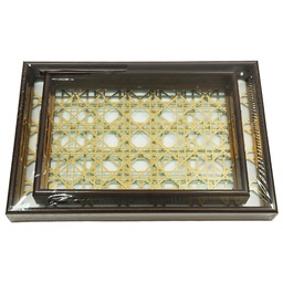 [GU15-026] SET 2 PLATEAU DECO MDF + VERRE 40X28 CM &amp; 32X33 CM MODELE MARRON