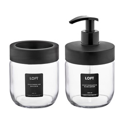 [VC-1030] SET 2 PIECES DISTRIBUTEUR SAVON + PORTE BROSSES A DENT EN VERRE MIX BLANC / NOIR