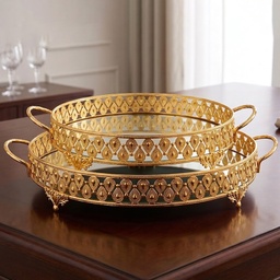 [153.ROTA.4536] SET 2 PLATEAUX DECO METAL ROND DIAMETRE 35 / 40 CM MODELE OR